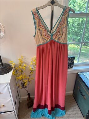 Coral Maxi Dress with Teal Trim and Embroidered Bodice
